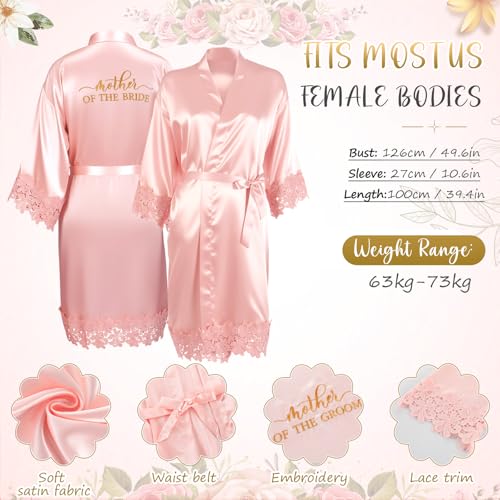 Image of Hushee 12 Pcs Mother of the Bride Groom Gift Set: Satin Robes for Women Tote Bags Makeup Bags 16oz Glass with Straws Handkerchiefs Mirrors for Mom Bridal Shower Wedding Gifts (Pink,Flower)
