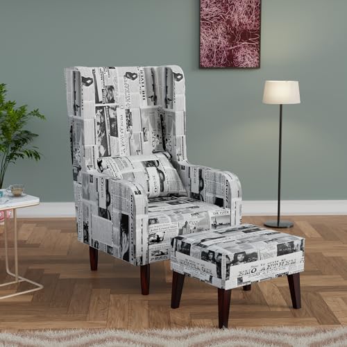 Image of Custom Decor Wooden Wing Chair with Ottoman Stool | Wingback for Living Room | High Density Foam | Accent Chair for Seating, Home Decor Furniture | (Vintage Newsprint 2, with Ottoman)