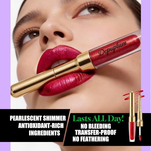 Image of Dark Red Metallic Lipstick and Lip Liner Combo Glitter Lipsticks for Women | 2in1 Metallic Lip Gloss Shimmer Stain Waterproof Smudgeproof Long Lasting Lipsticks,GB14 Passion