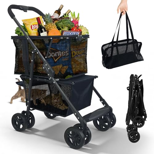 Folding Shopping Cart & Pet，110lbs ，2-in-1 Personal Cart with Removable