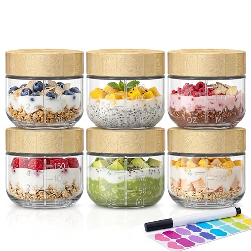 6 oz Small Glass Jars with Bamboo Lids Overnight Oats Containers 6 Pack