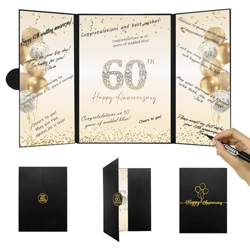 Image of DARUNAXY Black Gold 60th Anniversary Party Decorations, Happy 60th Anniversary Alternative Signature Guest Book for Parents Cheers to 60 Years Gifts 60 Anniversary Signing Card Board Party Supplies