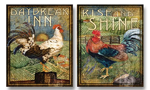 WallsThatSpeak 2 Retro Rooster Rustic Art Prints Country Kitchen Decor, 8 by 10-Inch, Green