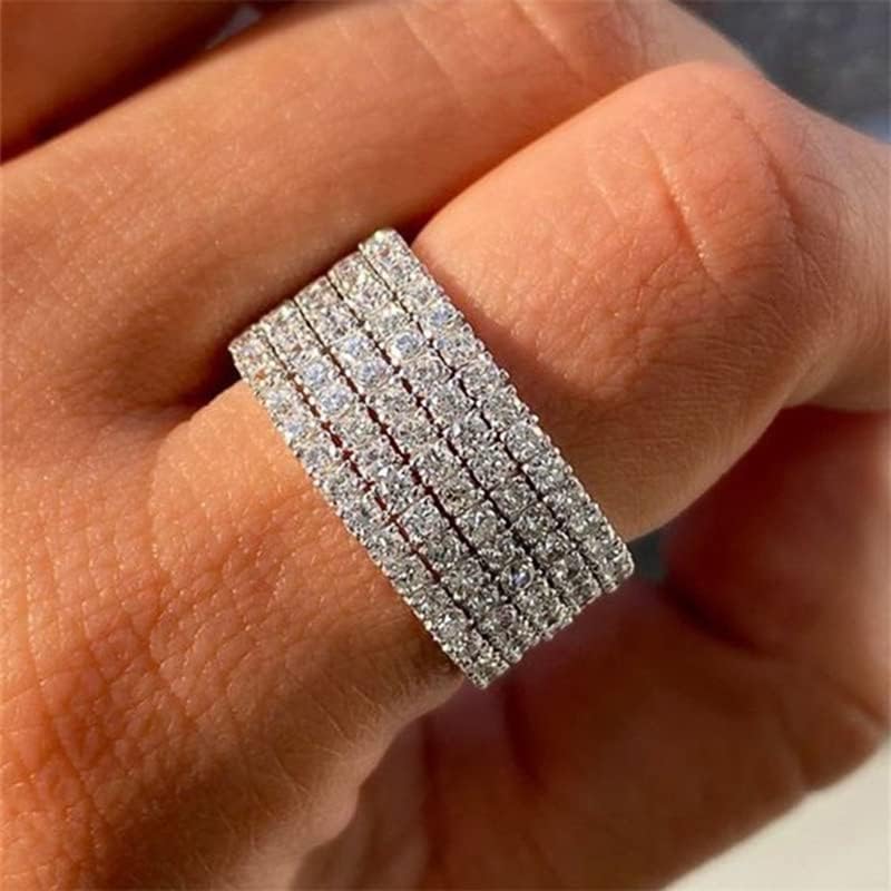 14K White Gold Luxury Full Rhinestone Studded Zirconia Diamonds Engagement Ring Multi-Row Ring in Sterling Silver Wedding Band Rhinestone Rings Size 7