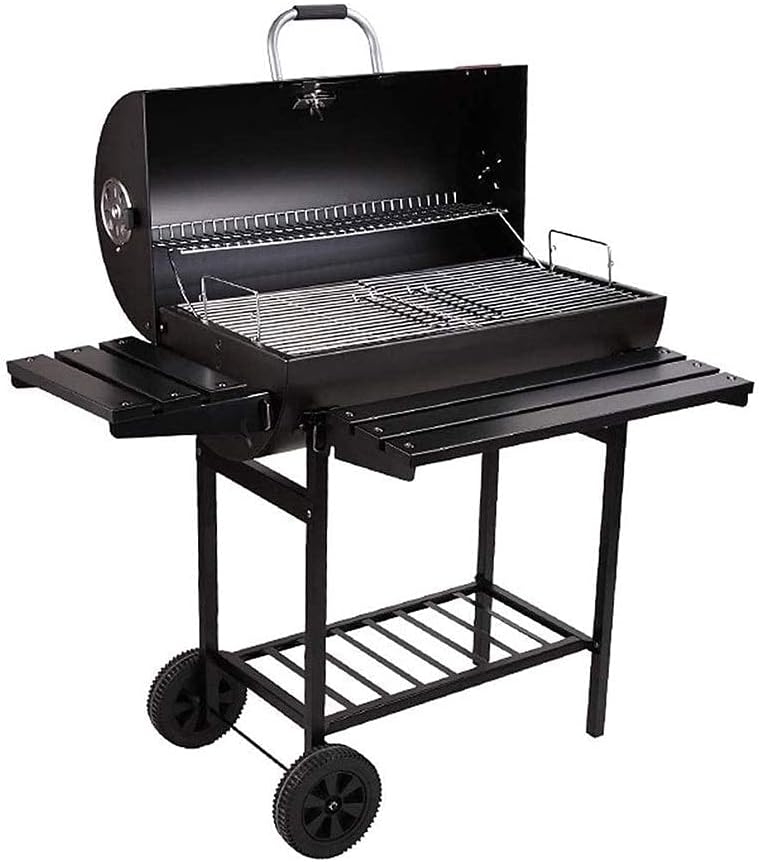 BBQ Grill Outdoor Barbecue Grill Charcoal Barrel BBQ w/Lid Thermometer and Folding Side Table- Robust Enamel Finished Cooking Grill and Warming Shelf for Outdoor Pa