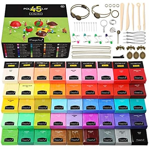 Magicfly Polymer Clay Starter Kit, 45 Colors Oven Bake Clay with 5 Modeling Tools and 40 Jewelry Accessories, Safe and Nontoxic DIY Baking Clay Blocks Cover