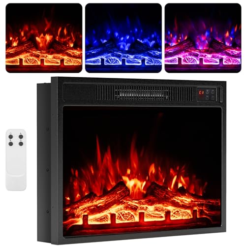 GiantexUK Recessed Electric Fireplace, Insert Electric Fire Heater with Flame Colors, Brightness, Thermostat, Timer, Remote & Overheat Protection (750W/1500W, 23’’, with Log)