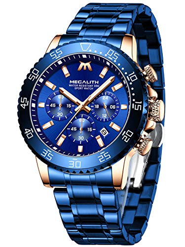 MEGALITH Mens Watches with Stainless Steel Waterproof Analog Quartz Fashion Business Chronograph Blue Watch for Men, Auto Date