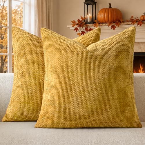 a moment Fall Mustard Yellow Chenille Throw Pillow Covers 16x16 Inch Pack of 2 Modern Decorative Throw Pillow Covers Farmhouse Cross Covers Home Decor for Sofa Bedroom Living Room