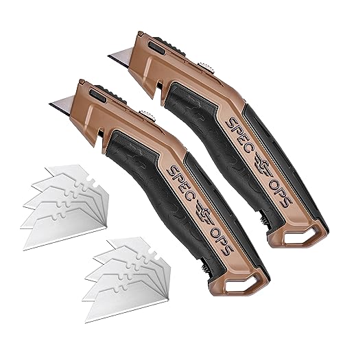 Spec Ops Tools Utility Knife for Cutting Drywall, Roofing & Jobsite Materials, Includes 10 Blades in Handle Storage, Retractable Blade, 2 Pack