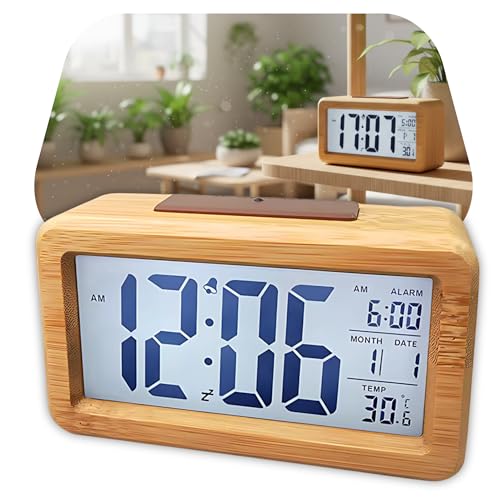 Relógio Despertador Digital LCD Madeira Bambu Decorativo Design M...