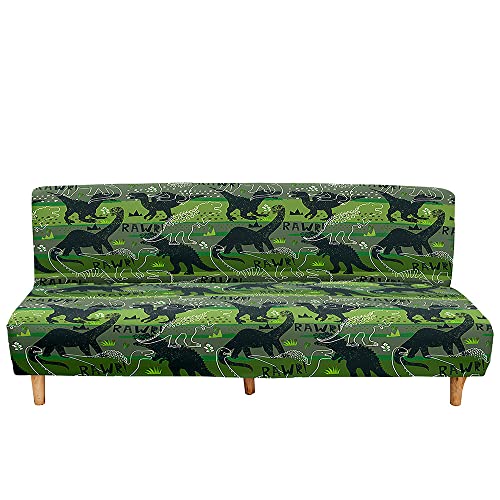 Armless Sofa Bed Cover 3D Dinosaur Printed,Cartoon Non Slip Washable Stretch Futon Slipcover Protector For 2 Seater/3 Seater Folding Sofa Bed Without Armrests(Camouflage Green,160-190Cm) #TOP17