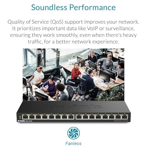 Image of D-Link 16 Port Gigabit Ethernet Unmanaged Slim Switch, Sturdy Metal with Shielded Ports, Silent Fanless, QoS, Plug and Play, Compact Desktop /Wall Mount, Flow Control, Energy Saving, Black (DGS-1016S)