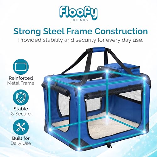 Floofy Friends Pet Carrier Bag, Large Cat Carrier Puppy Dog Carrier for Small Dogs Cats Kittens Rabbits With Reversible Fleece Mat, Foldable Travel Crate for Car - Blue - Image 4