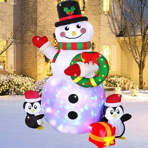 LOMOHOO 6.4FT Christmas Inflatable Snowman Penguin Waterproof Blow Up Snowman with Wreath Cheerful Waving Build-in Rotating LED Light Xmas Outdoor Decor for Yard Lawn Porch Holiday Party (Waving) Cover