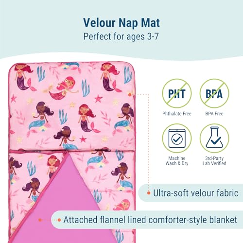 Image of Wildkin Kids Velour Nap Mat for Girls - Soft & Cozy Toddler Sleep Mat with Built-in Blanket for Daycare, Preschool, Kindergarten & Travel, Ages 3-7, Machine Washable - Groovy Mermaids