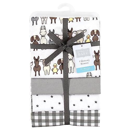 Image of Hudson Baby Unisex Baby Cotton Poly Flannel Receiving Blankets, Farm Friends Grey, One Size
