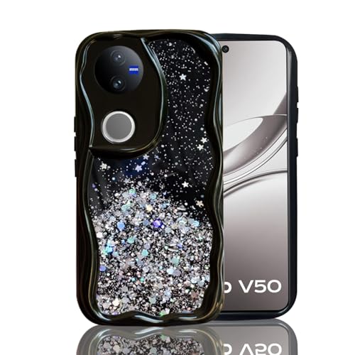 Image of KC Back Cover for Vivo V50 5G / V50e 5G / T4r 5G / Z10r 5G - 3D New Curly Wave Dry Fixed Non Moving Starry Glitter Shockproof Bumper Soft Silicone Case with Camera Protection (Black)