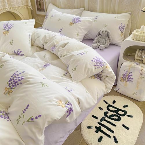 Image of Floral Duvet Cover Set Queen Purple White Floral Print Bedding Set with Zipper Closure 3Pcs Reversible Garden Style Flower Botanical Comforter Cover Set for Girls Women and 2 Pillowcases