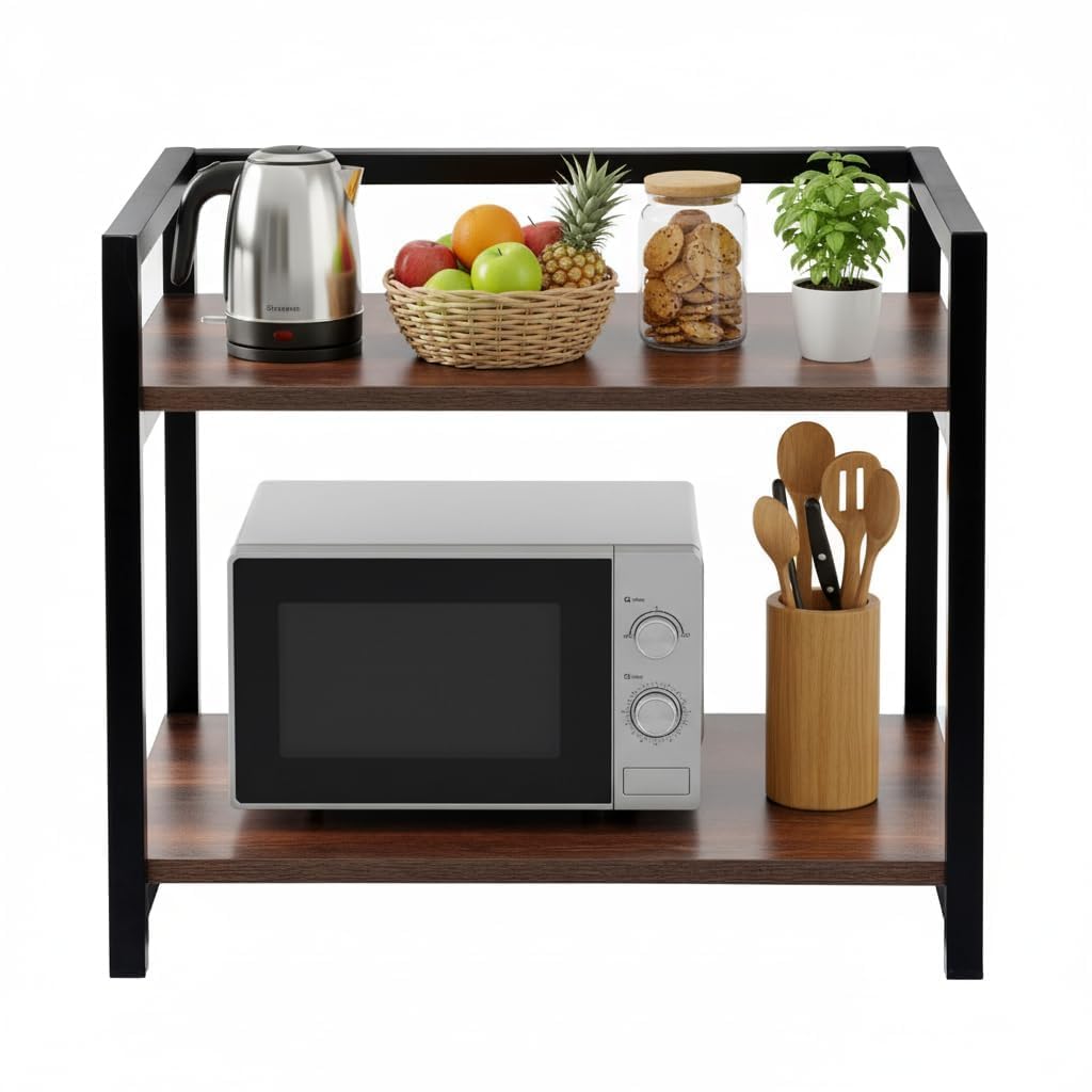 2-Layer Microwave Stand Storage Shelf Rack, Toaster, Coffee Maker | Multi-Purpose Wooden Stand with Storage Cabinet, Organizer for Kitchen (Wenge-Black)-image-41