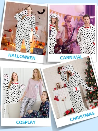 Hislovy Dalmatiner Kostüm Damen Herren, Tier Onesie Erwachsene Schlafanzug-Einteiler für Karneval Halloween Party,Weiß,3XL