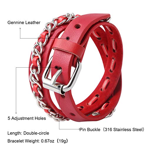 Ailianer Genuine Leather Cuff Bracelet Punk Metal Braided Bracelets Wristbands Adjustable Belt Wrap Bracelet Handmade Jewelry For Men Women Red #TOP5