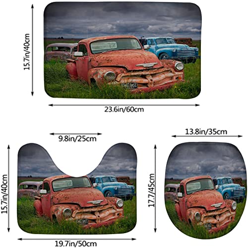 Badezimmerteppich-Set, 3-teilig, alte Oldtimer-Karosserien in Einer Autoschrottplatz-Landschaft, waschbare Badteppiche, rutschfest, mit Rückenpolster, Konturteppich und Toilettendeckelbezug – Bild 3