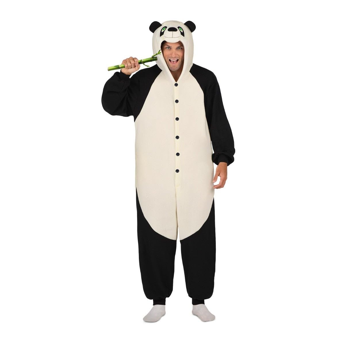 My Other Me Disfraz Pijama Panda Adulto Unisex. Incluye kigurumi beige y negro con capucha de cara bordada y cola trasera. Apto para tallas desde la L a una XXXL.