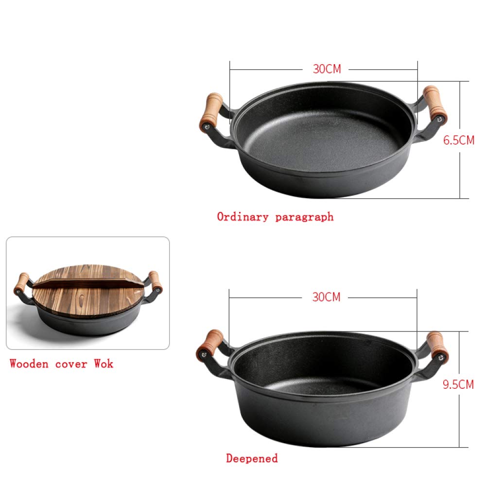 Żeliwna patelnia Wok wielofunkcyjna z drewnianym uchwytem i żeliwną patelnią z okrągłym dnem i dwoma uszami, normalna 30 cm