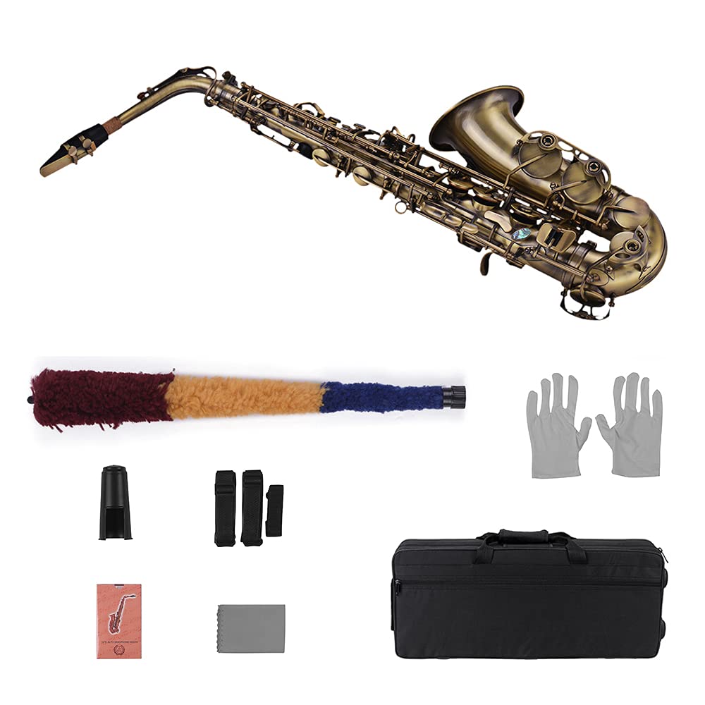 HUIOP Finitura Anticata di Alta qualità MIB MIB Sassofono Contralto Sax Shell Chiave intagliata Modello Strumento a fiato con Custodia Imbottita Guanti Panno per Pulizia Spazzole Cinghie per Sax Ance