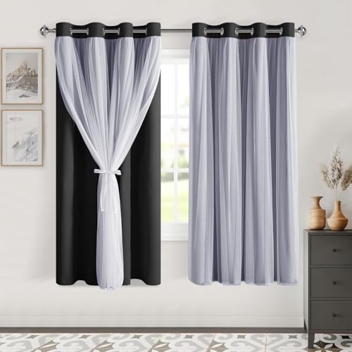 Image of DWCN Black Blackout Curtains with Sheer Overlay with Tiebacks 63 Inch Long