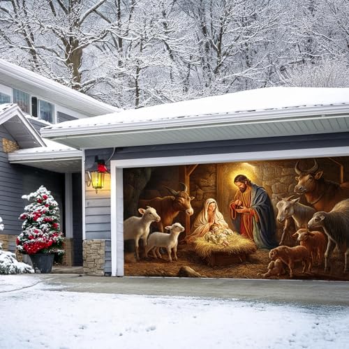 Couverture de porte de garage Noël chrétien 13x6FT crèche extérieure