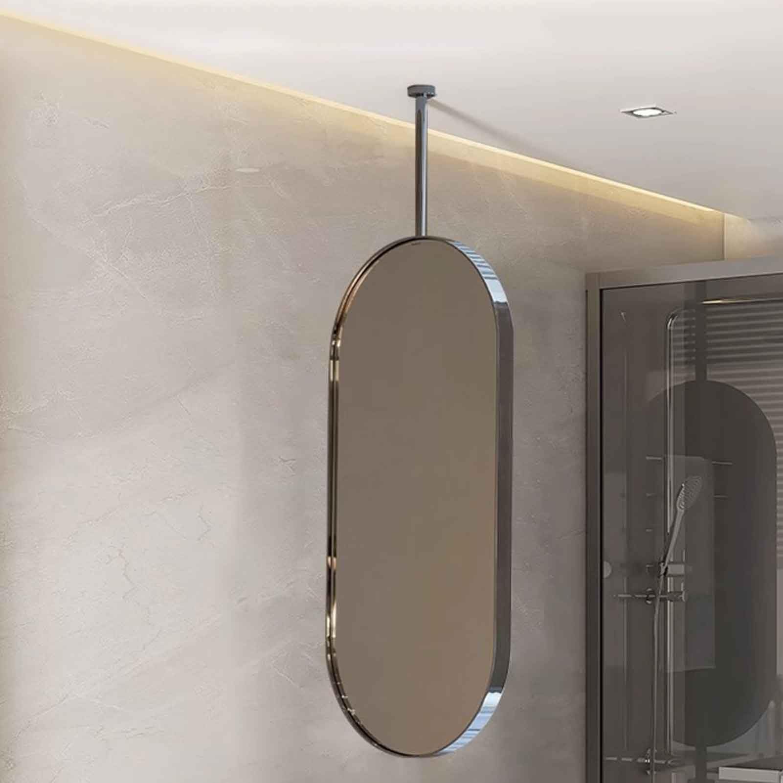 MESOVFCA Oval Ceiling Hanging Mirror w/Black Metal Frame and Hanging Rod Modern Decor Mirrors | Vanity Make-up Mirror - Customizable Mirror Ceiling Rod(40cmx80cm)