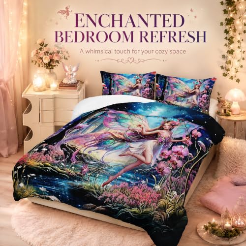 Image of AILONEN Beautiful Butterfly Fairy Comforter Set,Magic Mushroom Duvet Set Full Size, Mysterious Fairy Forest Theme Bedding Set Perfect for Kids Girls Bedroom,1 Quilt + 2 Pillow Case