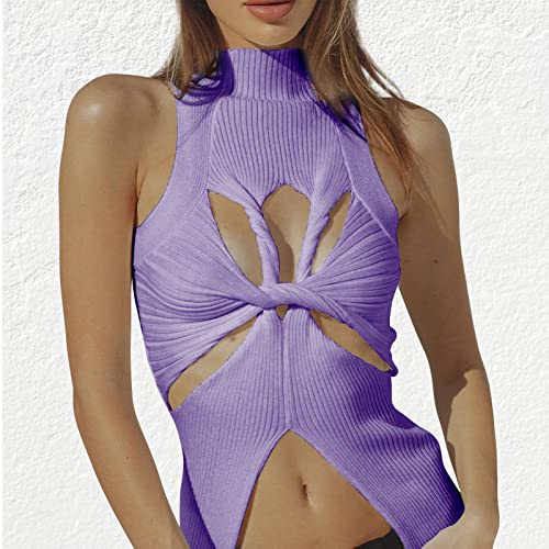 Image of Women Strapless Crop Top Sexy Hollow Out Twist Front Knitted Tank Tops Sleeveless Y2K High Neck Cut Out Sweater Vest