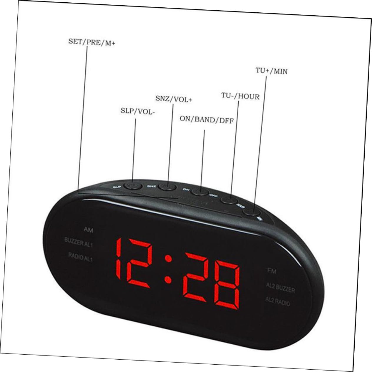 NOLITOY Radio Reloj Despertador Digital Rojo con Doble Alarma y FM | Plástico, Diseño Compacto para Mesita, Formato Electrónico con Pantalla Curvada y Repetición
