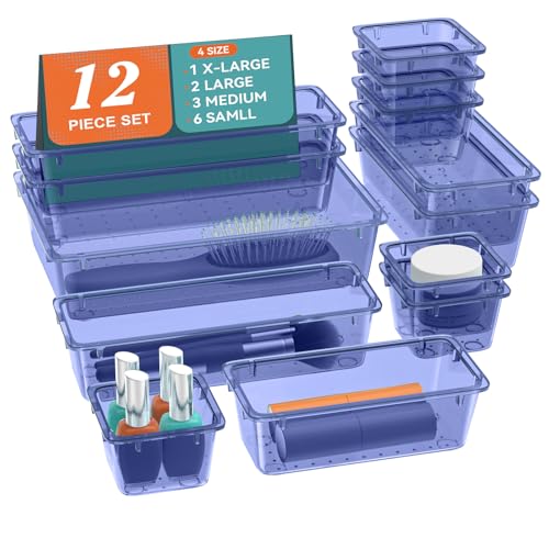 Image of ElegantArray 12 PCS Drawer Organizer Set, 4 Sizes Tool Storage Trays, Clear Plastic Makeup Vanity Organizer and Storage Bins for Stationeries, Multiple Gadgets for Office, Bedroom, Navy Blue