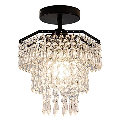 Hongnuofc Mini Crystal Chandeliers Flush Mount Ceiling Light Fixture 3-Tier Crystal Small Chandelier For Closet Bathroom Farmhouse Hallway Foyer (Black) #TOP6