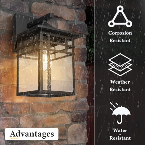 Image of Outdoor Light Fixture Wall Mount, Black Exterior Light Fixture Wall Sconces with Seeded Glass for Front Porch, 9 Inch Large Waterproof Outdoor Square Wall Lantern Outside for House Doorway