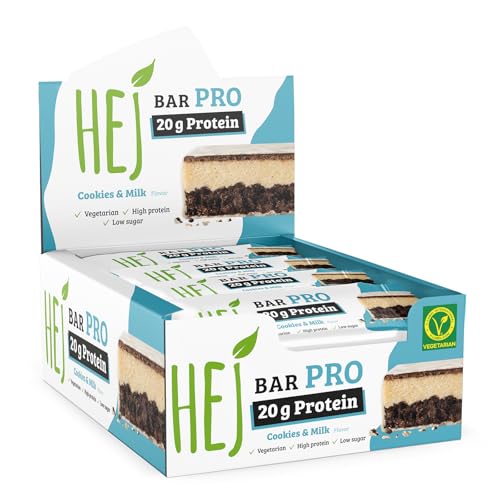 HEJ Bar Pro Proteinriegel Snack – Low Sugar Eiweißriegel | 20g Protein & 227kcal pro Riegel | Vegetarisch & ohne Palmöl – 12x60g Cookies & Milk