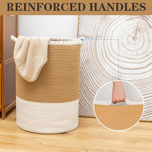 Image of ALBY Woven,Tall Wicker Laundry Basket for Blankets,Clothes,Pillows,Toys,Shoes Large Cotton Laundry Hamper for Bedroom Living Room Bathroom Nursery (12''D x 15''H INCH, BrownA)