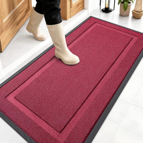 Image of OLANLY Front Door Mat Indoor Outdoor Entrance, Waterproof All-Season, All-Weather Doormat, Sturdy Natural Rubber, Low Profile, Easy Clean Patio Porch Entryway Mat, 47x23, Burgundy