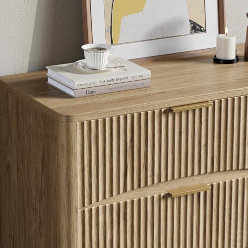Image of Evermagin 54 inch Wide Fluted 6 Drawer Dresser, Mid Century Modern Curved Dresser, Light Wood Chest of Drawers for Bedroom, Living Room and Entryway, Natural Oak