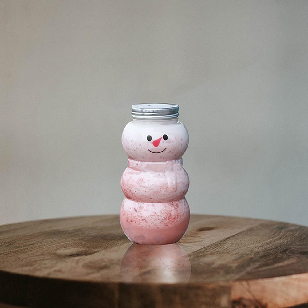 PRETYZOOM 10 Sets Snowman Juice Bottles with Lid Clear Christmas Plastic Candy Jar with Knitted Scarves Hats Reusable Snowman Candy Jars Christmas Party Favors
