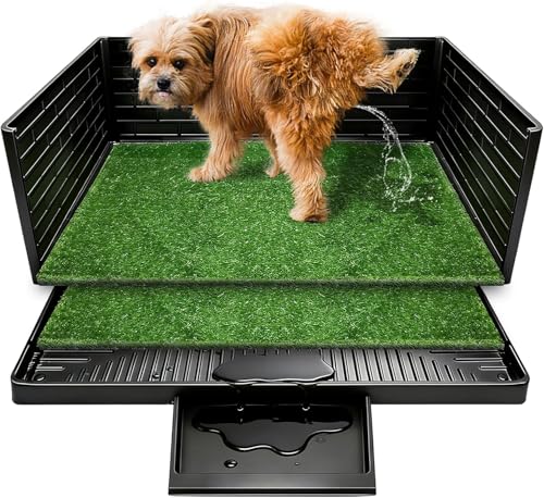 Dog Toilet Tray with Grass 30 x 20 in Indoor Puppy Potty with 3-Sided Splash Guard Drainage Layer & Urine Collection Base 2 Reusable Artificial Grass Mats for Puppies Small Dogs