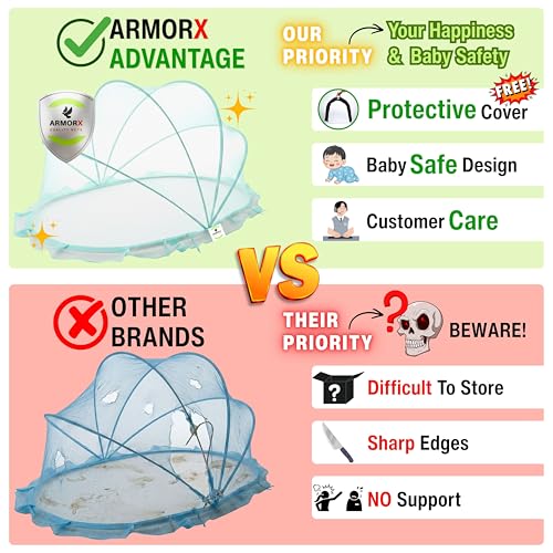 Image of ArmorX Baby Mosquito Net for Bed, Cot, Crib | Minty Green | Newborn - 24 Months | Foldable, Washable & Breathable Insect Mesh with Easy to Carry Travel Bag | Chemical-Free Protection for Toddlers