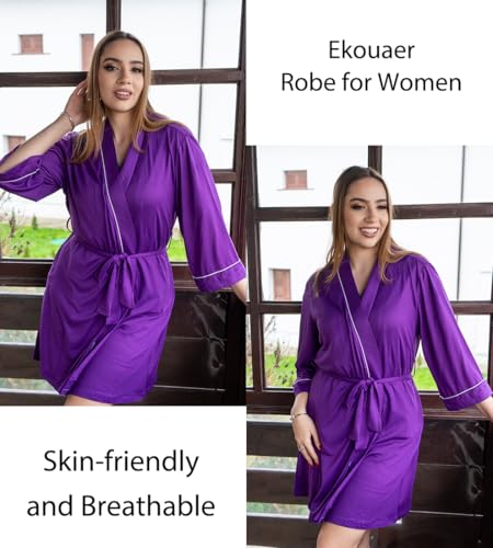 Image of Ekouaer Women Kimono Robes Knee Length Knit Bathrobe Lightweight Soft Sleepwear V-neck Casual Ladies Loungewear