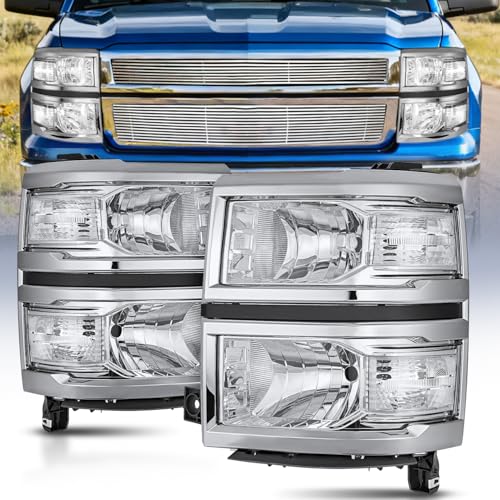 Image of Nilight Headlight Assembly for 2014 2015 Chevy Silverado 1500 Pickup Truck | Replacement Headlamp Chrome Housing Clear Reflector Driver and Passenger Side