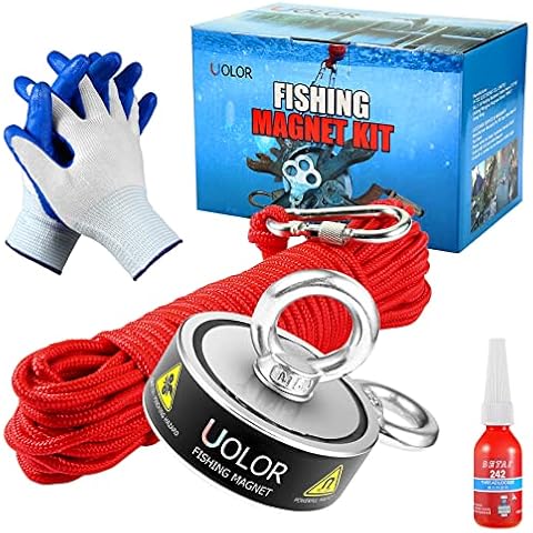 Uolor 300KG Pull Force Double Sided Complete Fishing Magnet Kit for Magnet Fishing - Includes 20M Rope with Carabiner, Gloves, Threadlocker for Retrieving Items in River, Lake, Beach, Lawn Cover
