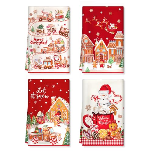 Arquiel Noël Torchons de Cuisine Lot de 4, Bonhomme Pain D'épices Rouge Essuie Main Absorbante Torchon Vaisselle Saisonnier Cadeaux pour Crémaillère et Noël Décoratif 40 cm x 60 cm